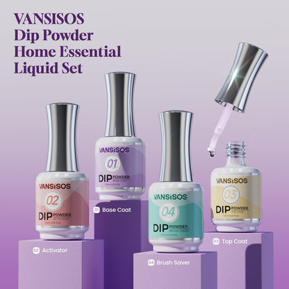 Vansisos 4-piece dip nail system showcasing base coat and activator steps.