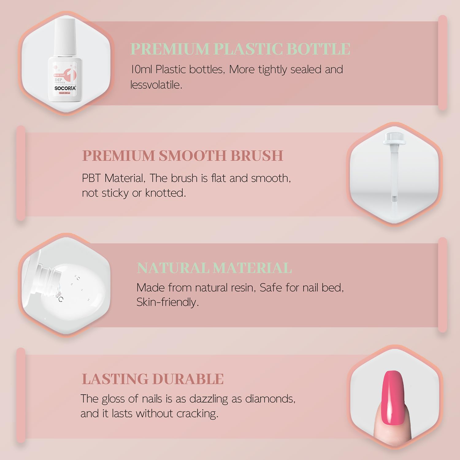 Side by side view of the base coat activator and top coat liquids highlighting the professional salon quality packaging