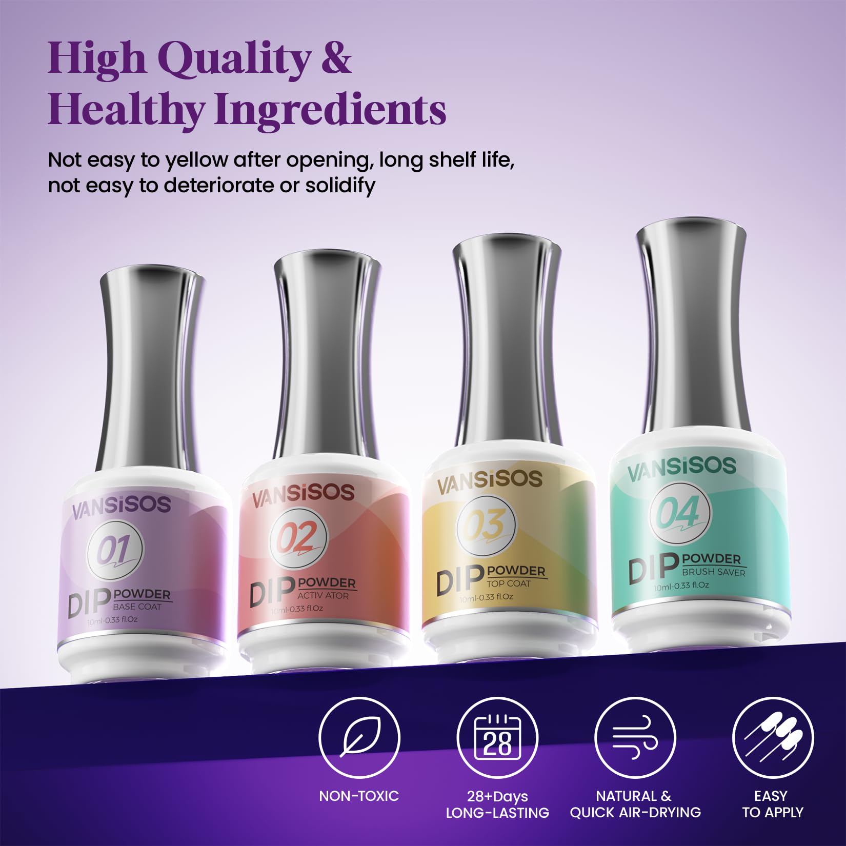 Vansisos 10ml liquid set bottles laid out horizontally for DIY home nail salon prep.