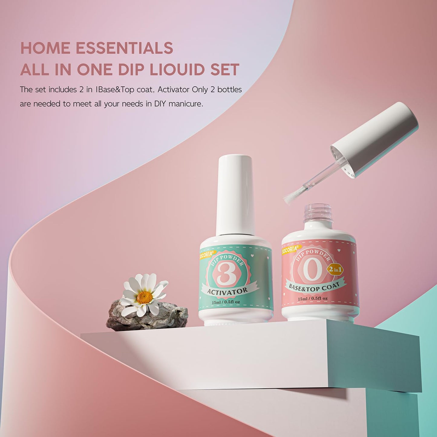 Fast dry dip powder activator and base top coat liquids with replacement brushes