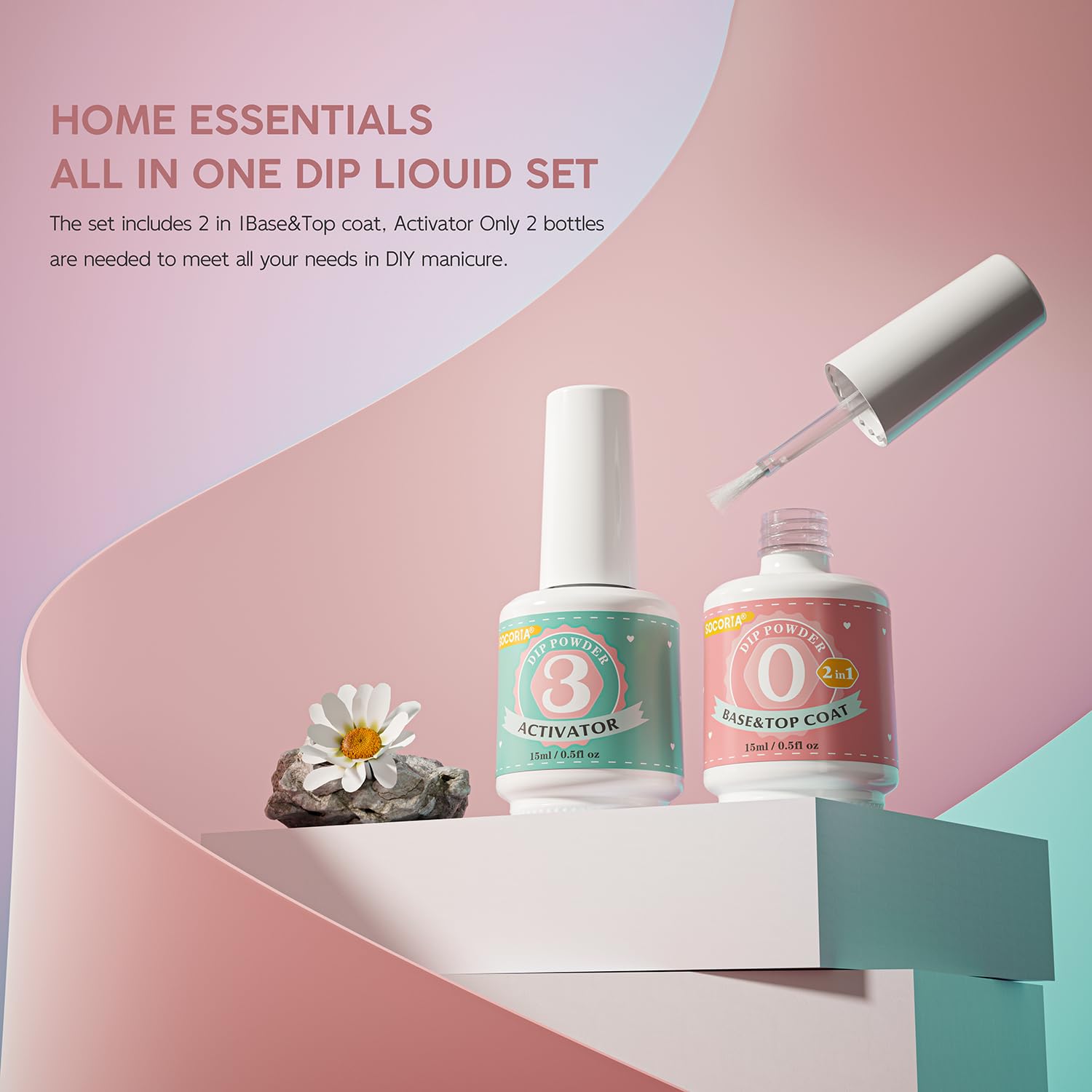 Fast dry dip powder activator and base top coat liquids with replacement brushes