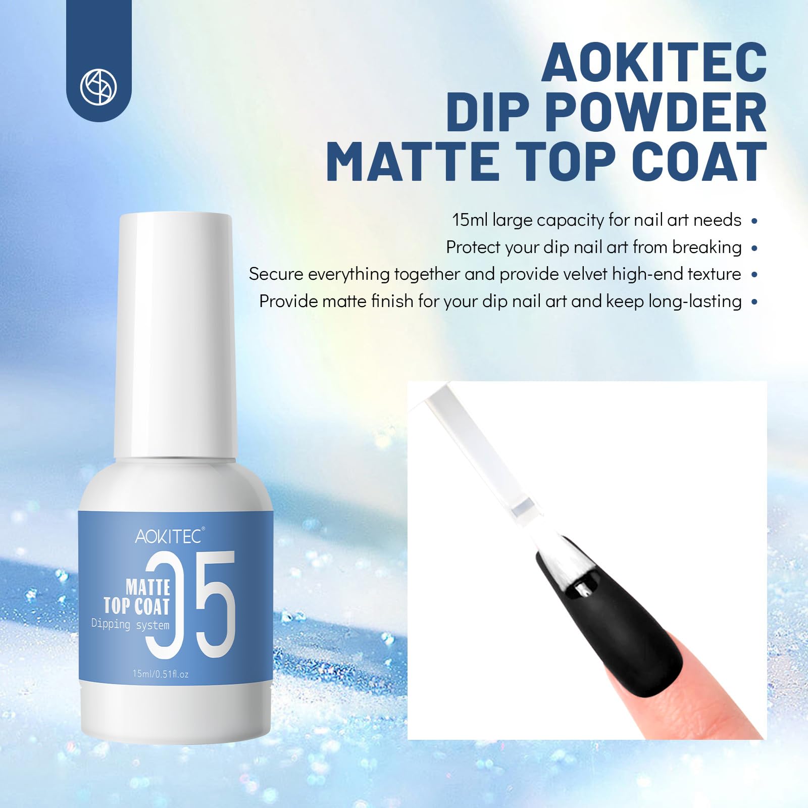 Aokitec 15ml matte top gel bottle showcasing the velvet finish texture on dip powder nails.