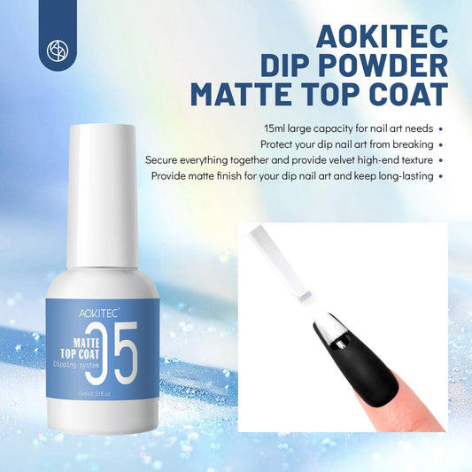 Aokitec 15ml matte top gel bottle showcasing the velvet finish texture on dip powder nails.