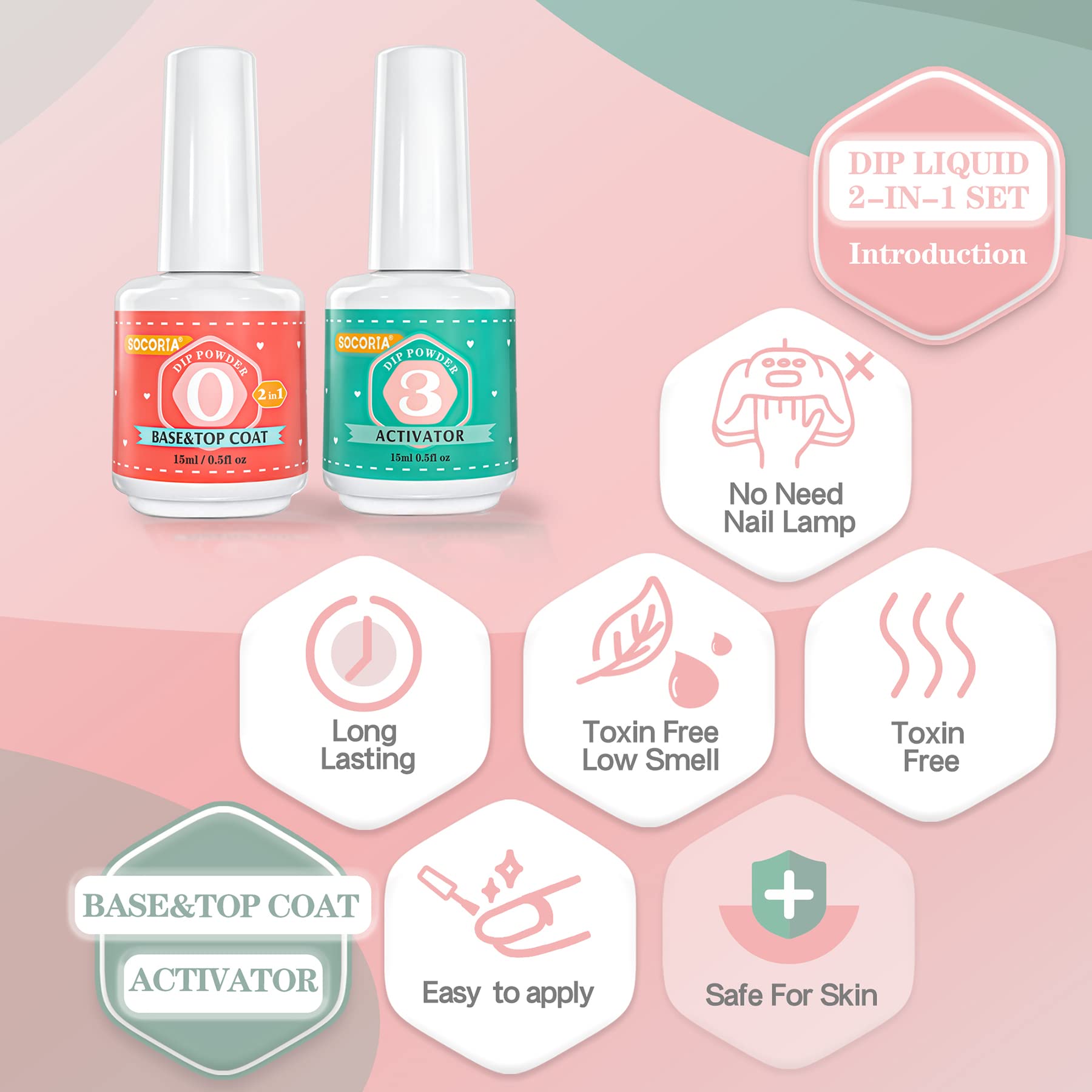 Two in one base and top coat red labeled bottle from the SOCORIA dipping system
