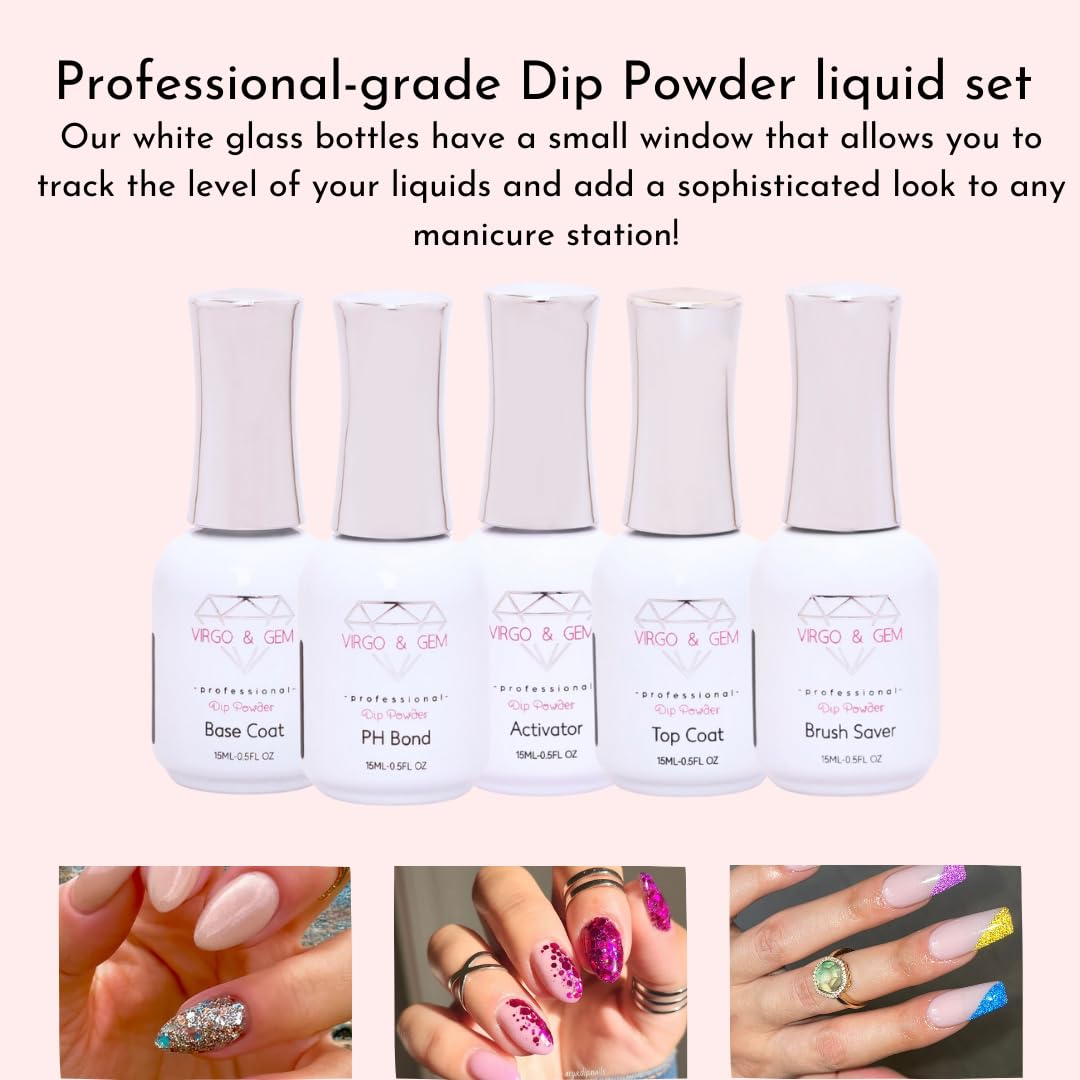 Complete five step dip powder liquid system including PH bond activator and brush saver bottles