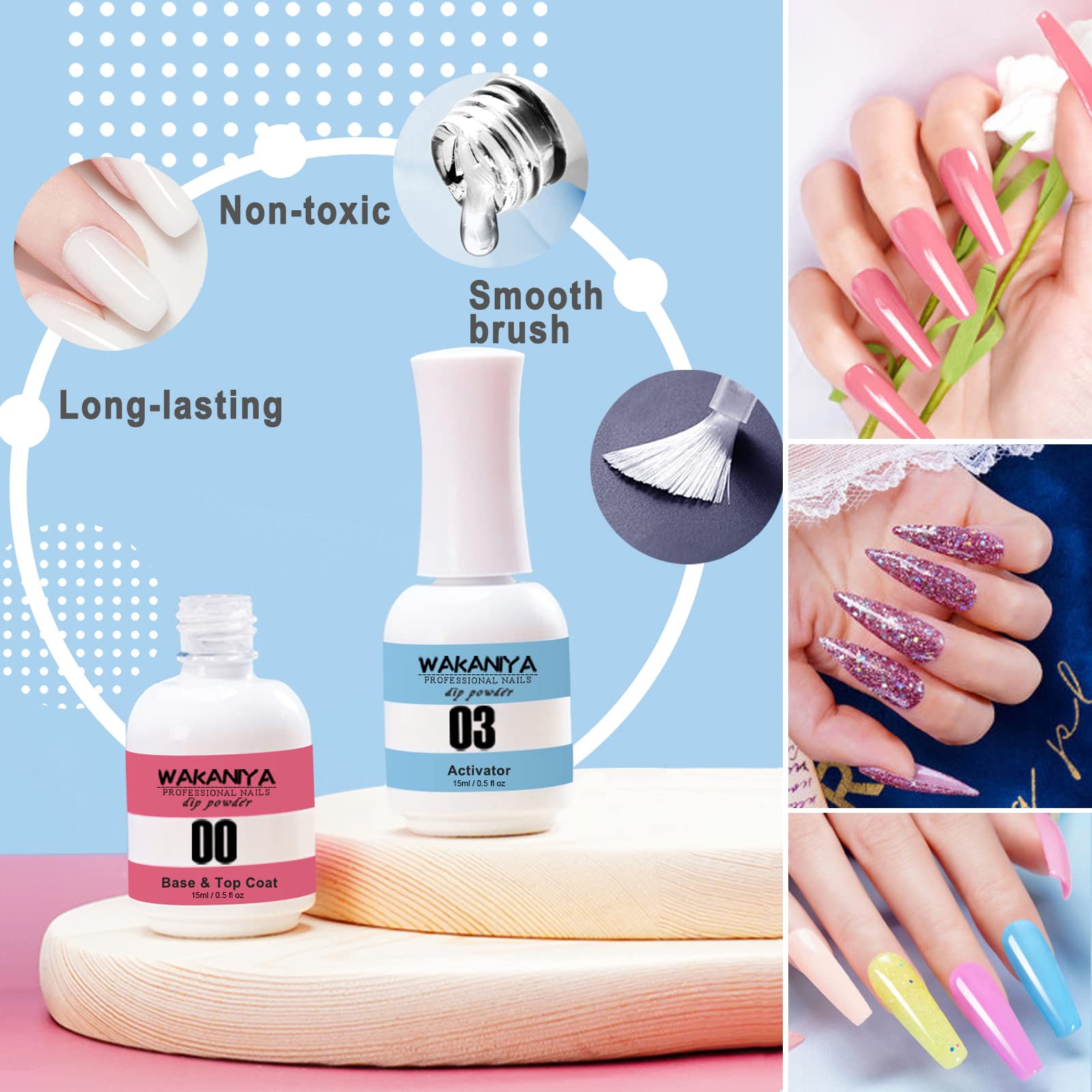 Two fifteen milliliter bottles of wakaniya dip nail liquids showing base top coat and activator labels