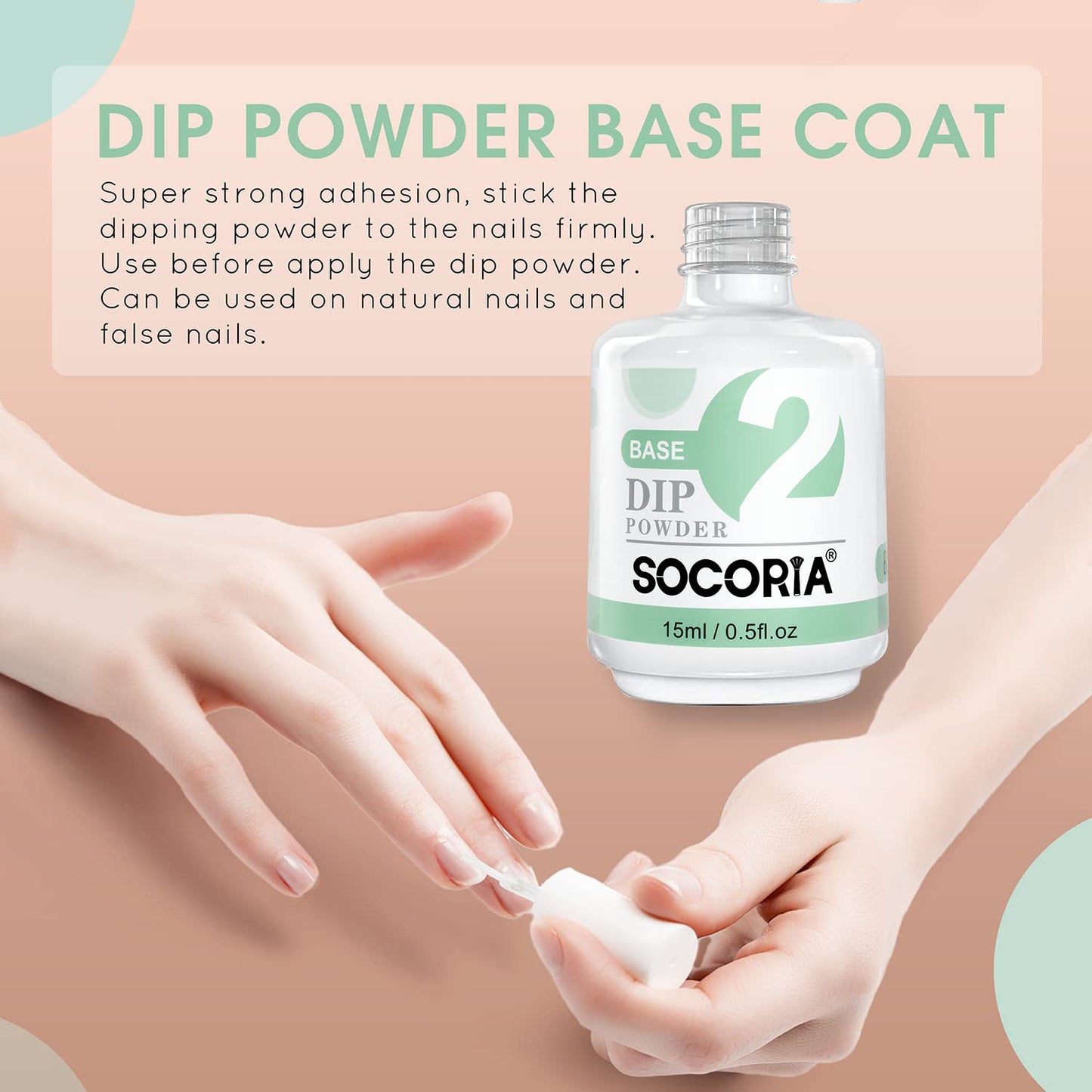 SOCORIA non toxic resin based base coat liquid bottle displaying product details