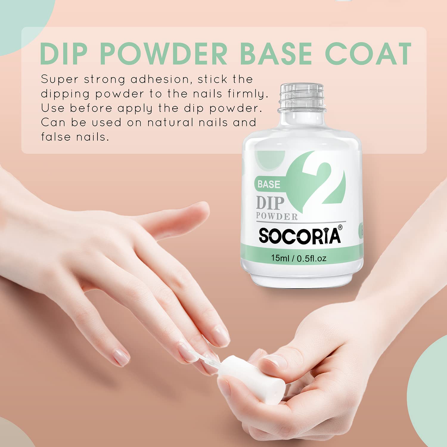 SOCORIA non toxic resin based base coat liquid bottle displaying product details