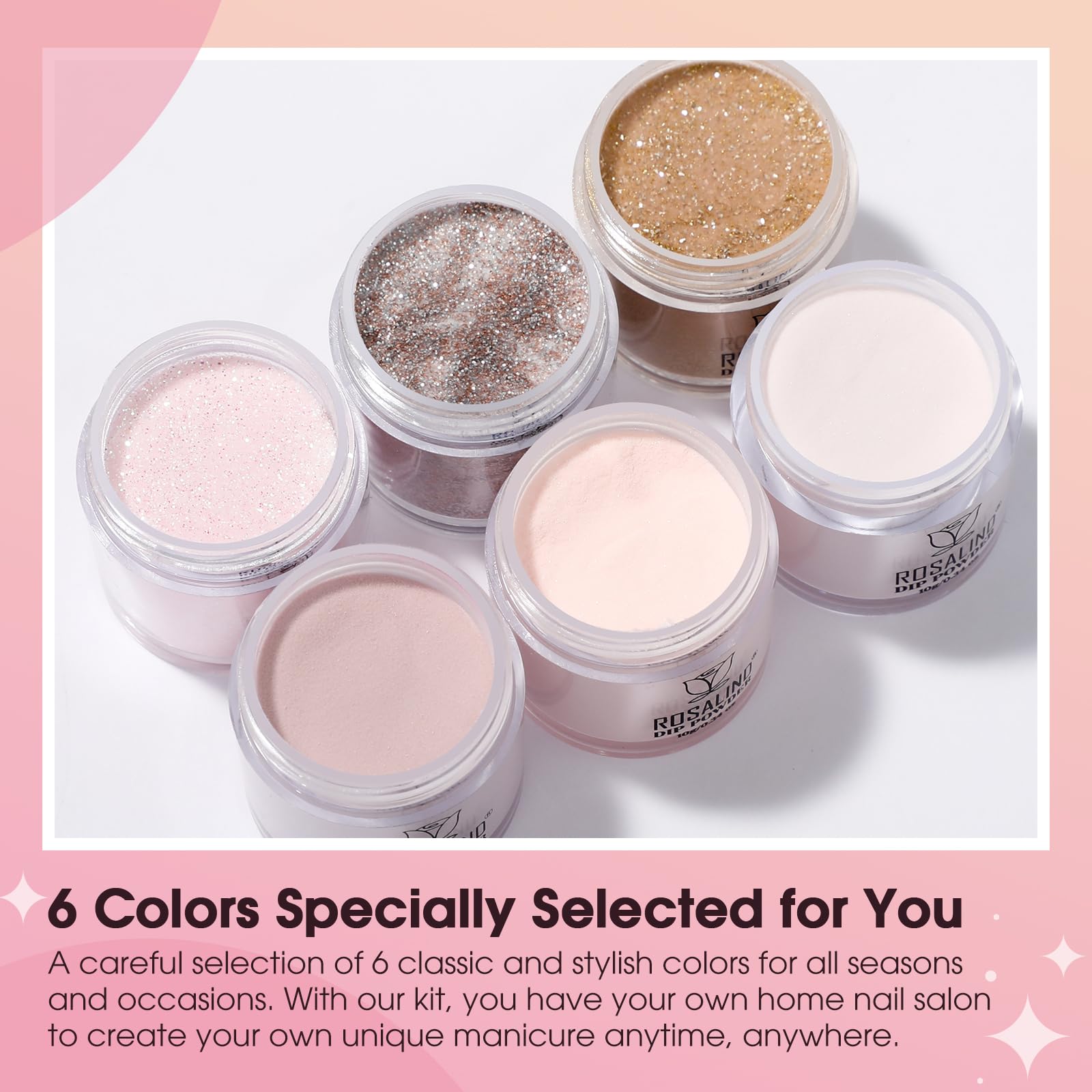 Rosalind dipping powder kit with six powder jars including pink nude and silver glitter