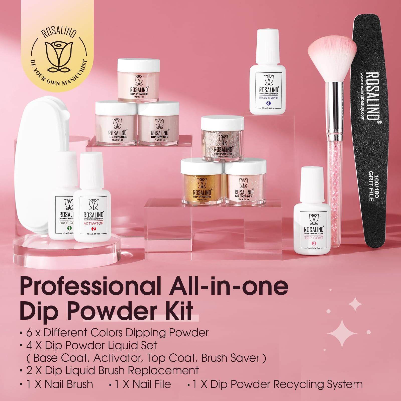 Rosalind professional dip nail essentials showing base coat top coat and activator bottles
