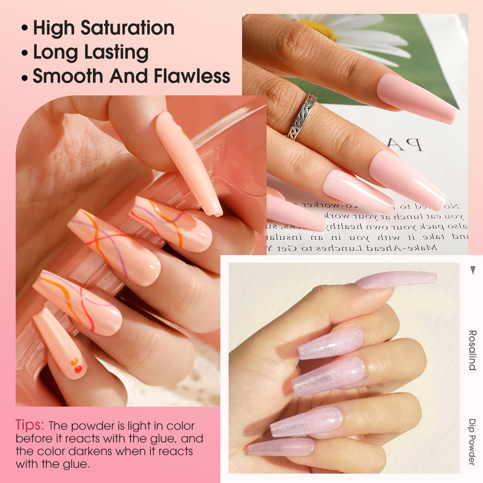 At home dip powder manicure application process using air dry technology