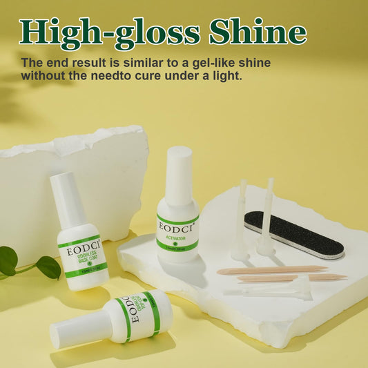 Eodci dipping powder base coat activator and top coat bottles arranged in a row