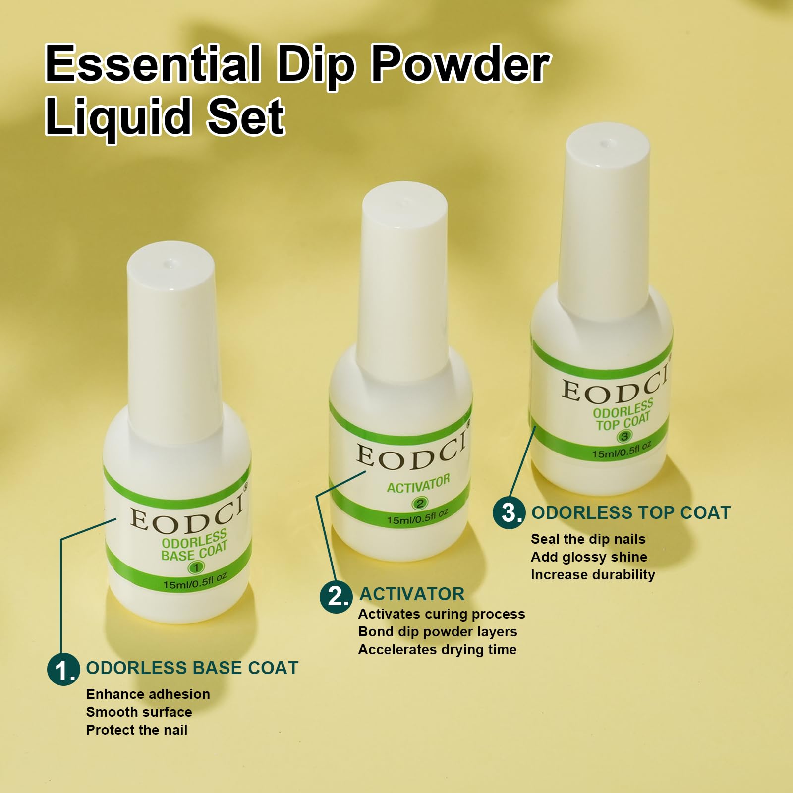 Clear dipping powder liquid set bottles showcasing fifteen milliliter fluid volume