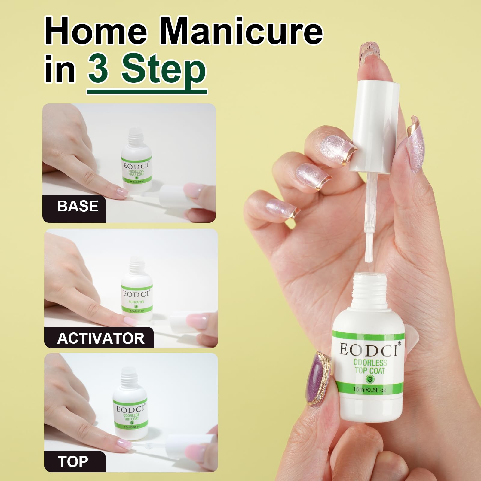 Manicure application process using eodci clear dip powder base and activator liquids