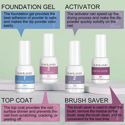 Saviland dip liquid base coat and activator bottles close up for salon manicures
