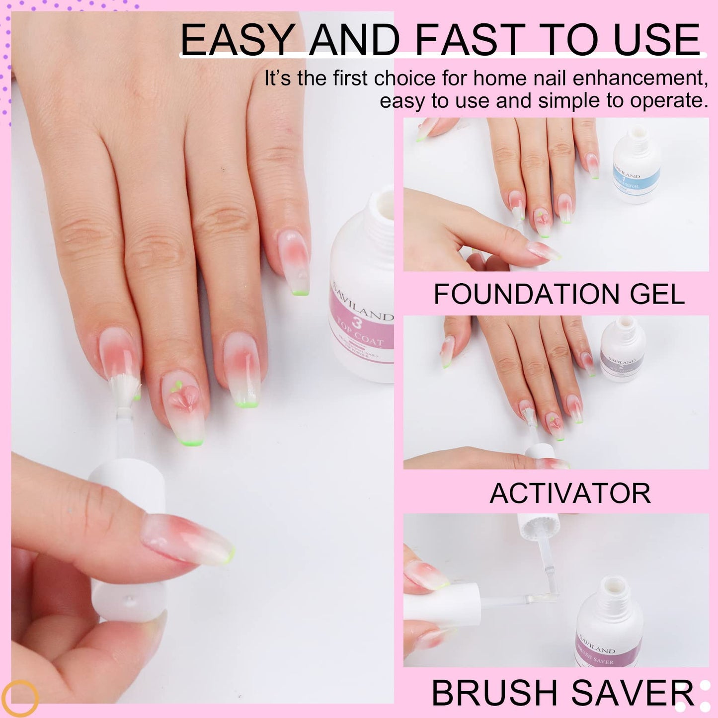 Saviland top coat and brush saver bottles showcasing HEMA free labeling