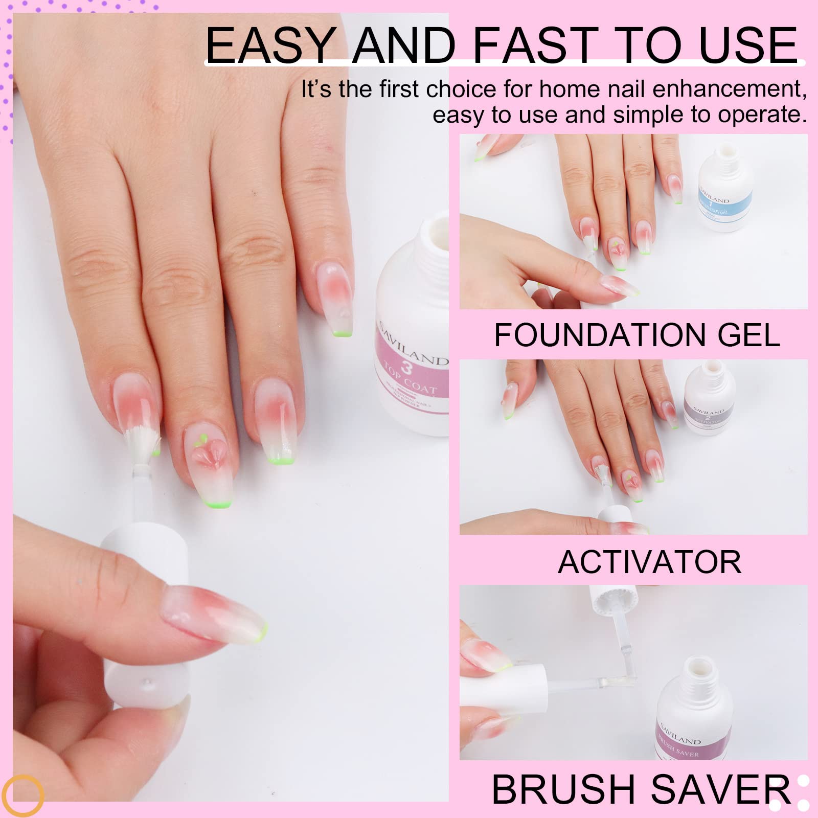 Saviland top coat and brush saver bottles showcasing HEMA free labeling