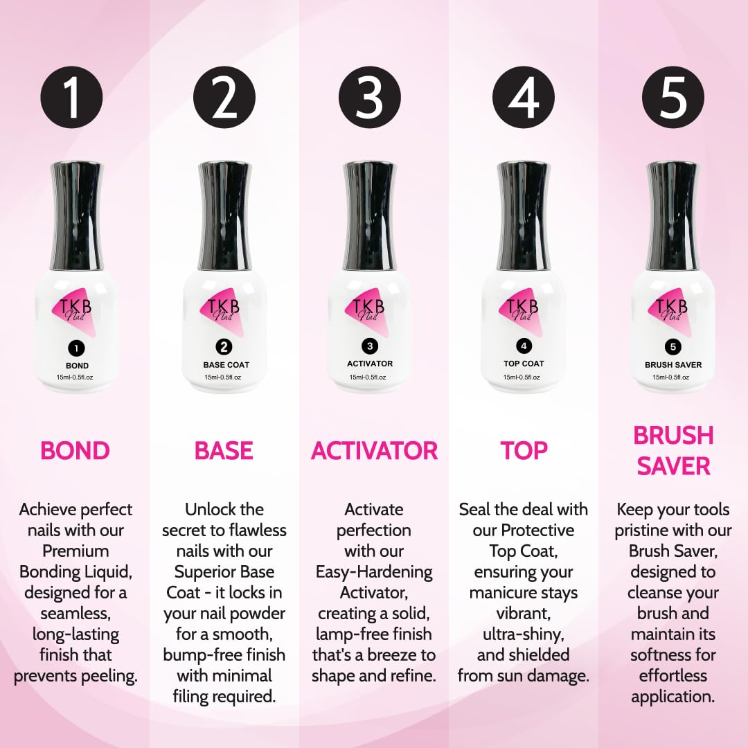 TKB Trading Bond and Base Coat bottles for professional dip powder prep
