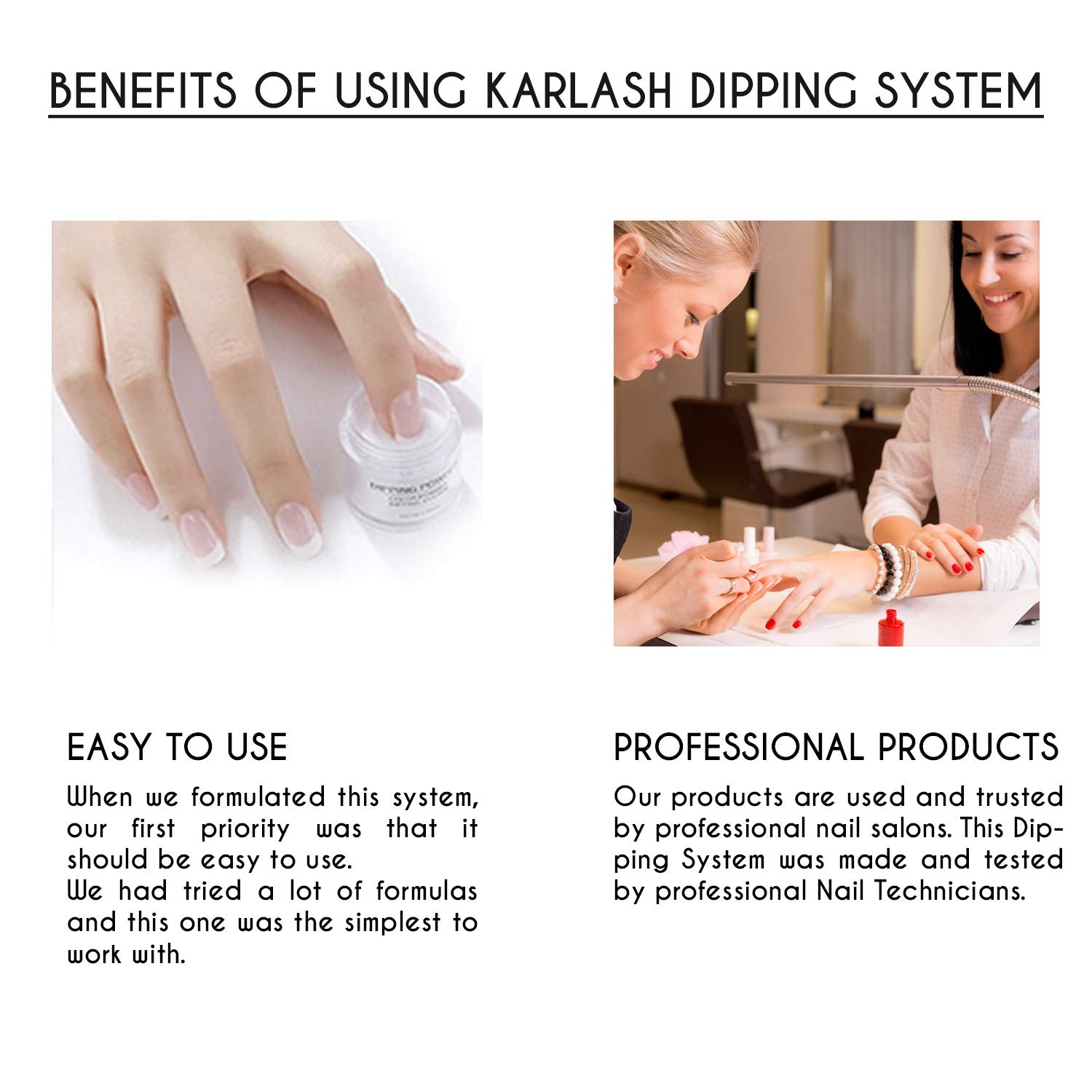 Side angle view of the Karlash imported USA salon quality dip powder system top coat refill container.