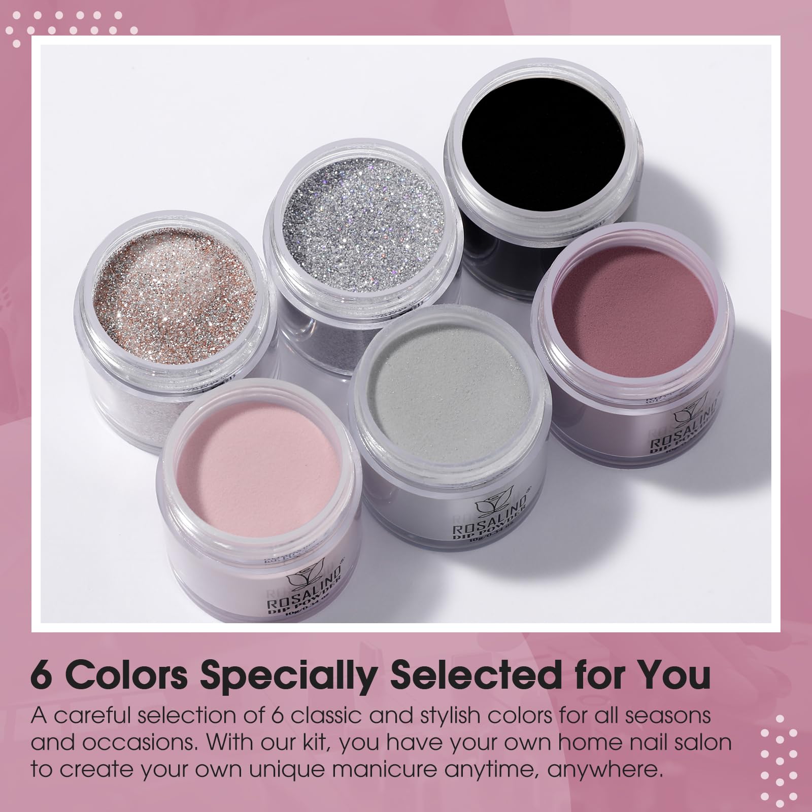 ROSALIND dipping powder kit showing base coat, top coat, activator, and brush restorer bottles arranged neatly.