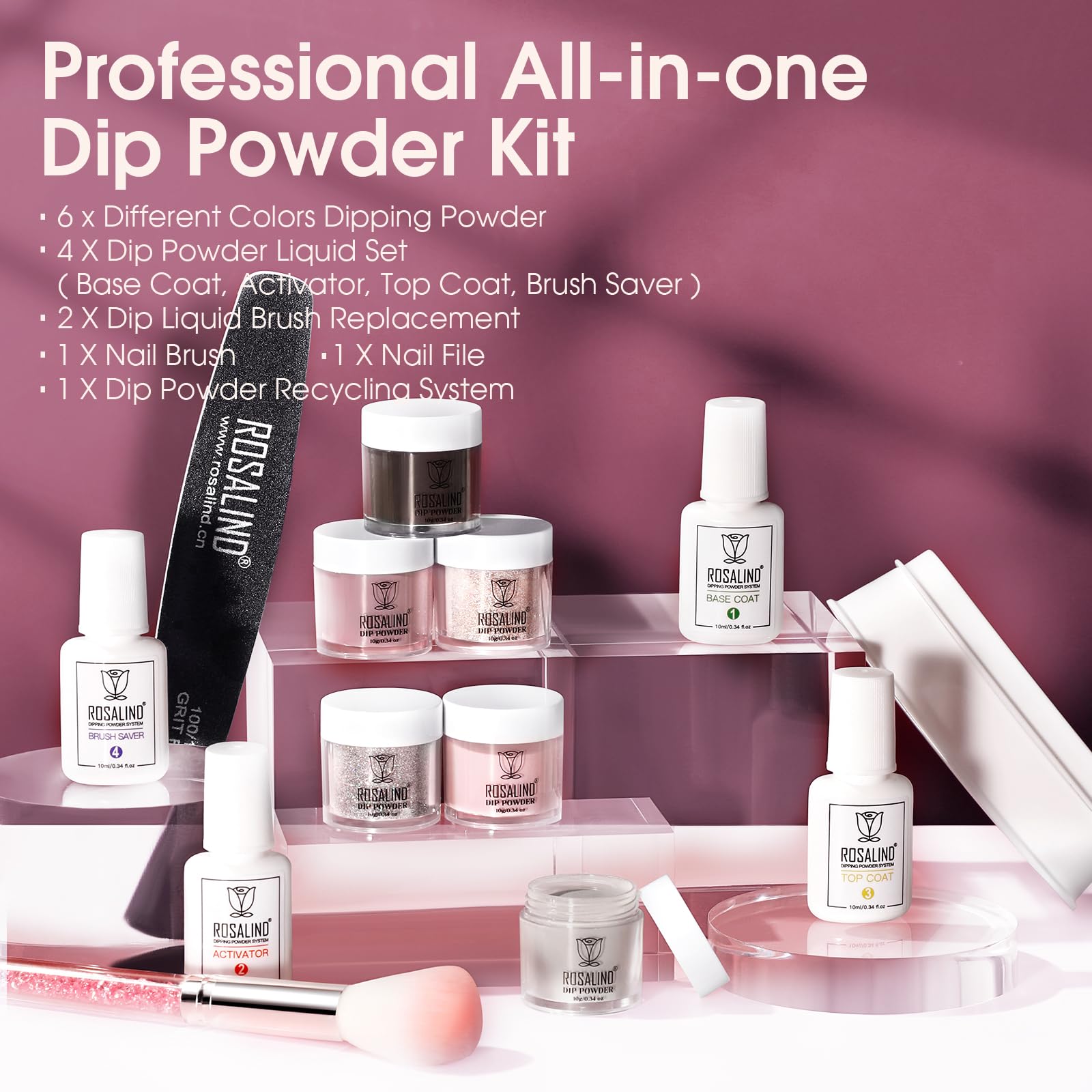 At-home manicure results using ROSALIND 6 colors dip powder starter kit for a shiny finish.