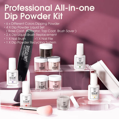 At-home manicure results using ROSALIND 6 colors dip powder starter kit for a shiny finish.