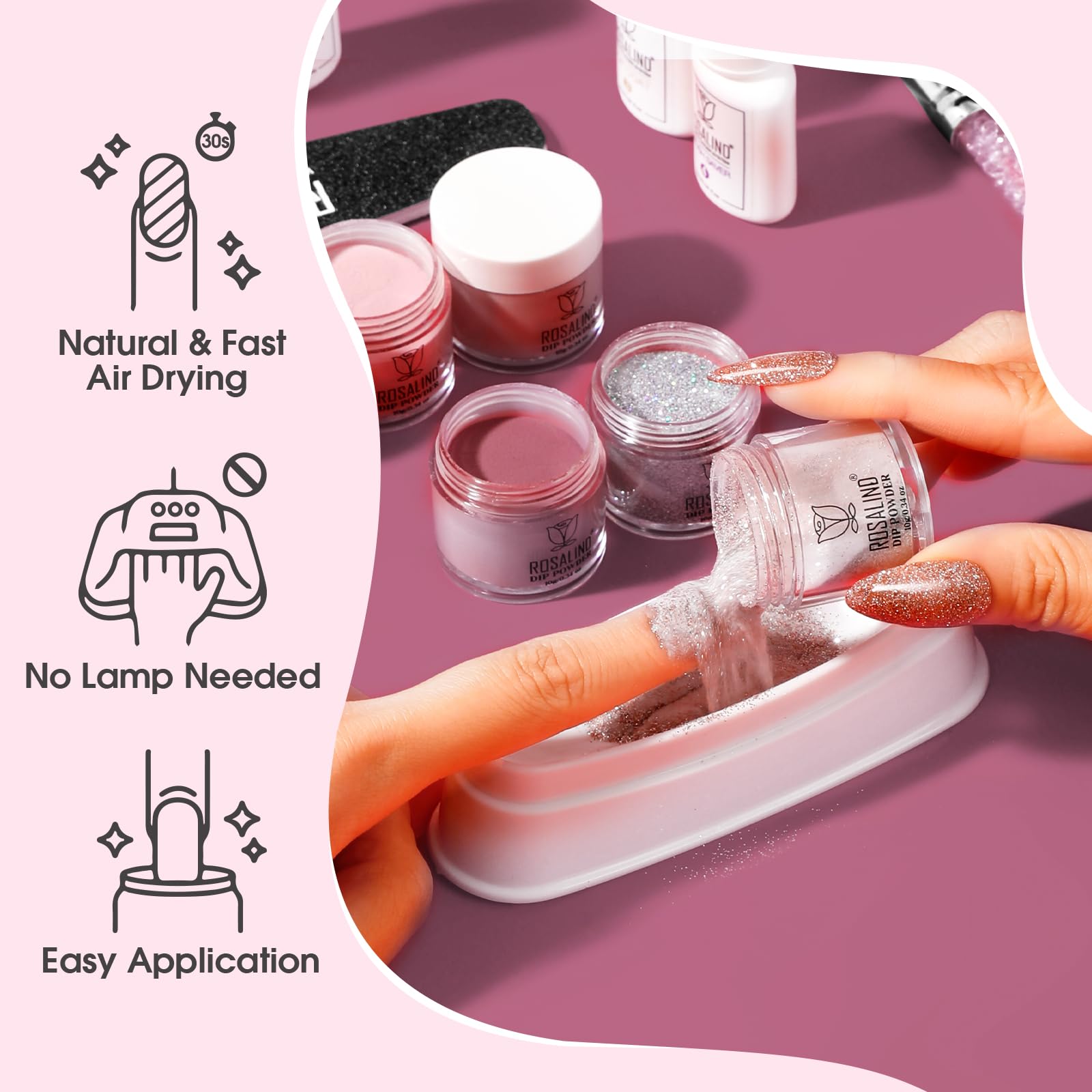 Complete components of the ROSALIND 13-piece dip nails system laid out on a clean white surface.