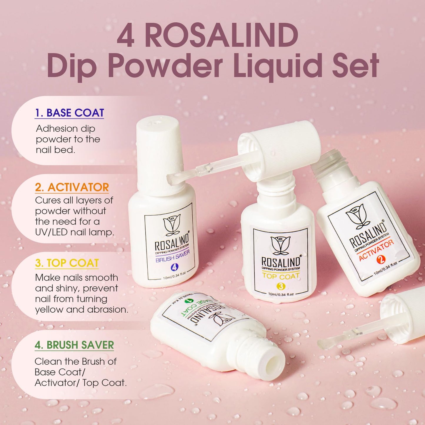 Step-by-step air-dry application process of the ROSALIND dipping powder nail system without ultraviolet lamp.