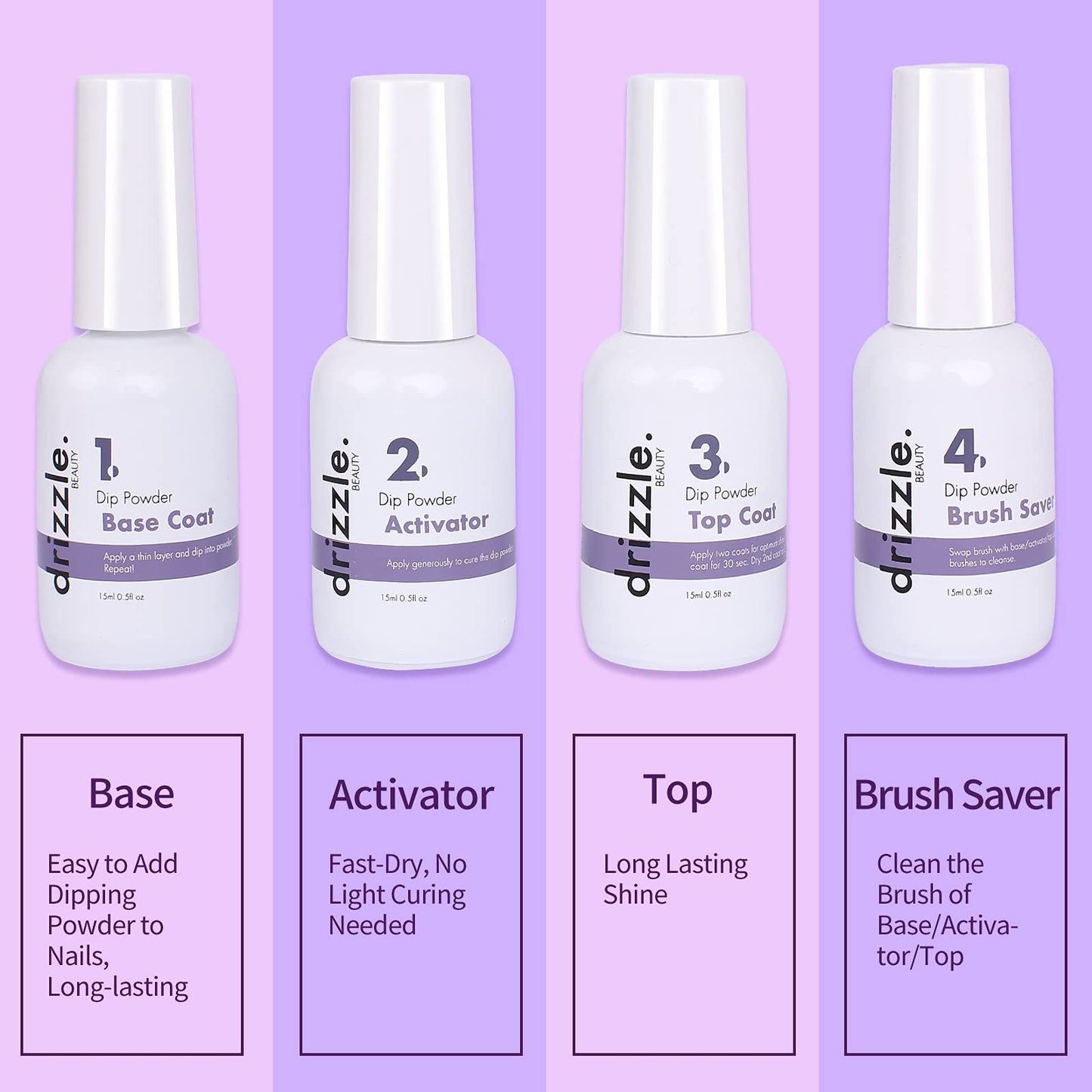 Authentic Drizzle Beauty dip liquid manicure kit bottles on a clean background.