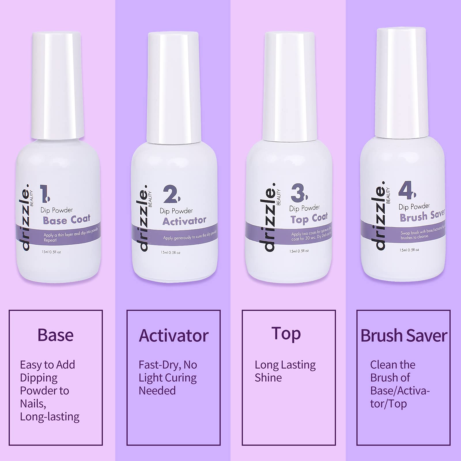 Authentic Drizzle Beauty dip liquid manicure kit bottles on a clean background.