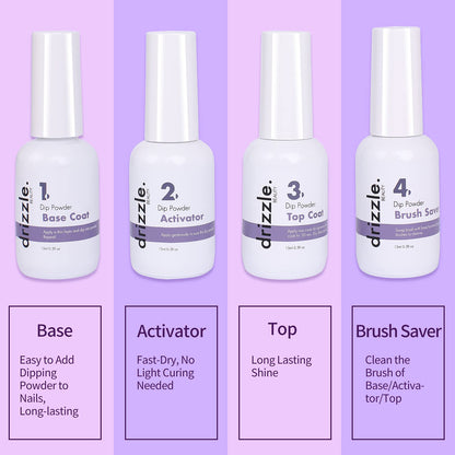 Authentic Drizzle Beauty dip liquid manicure kit bottles on a clean background.