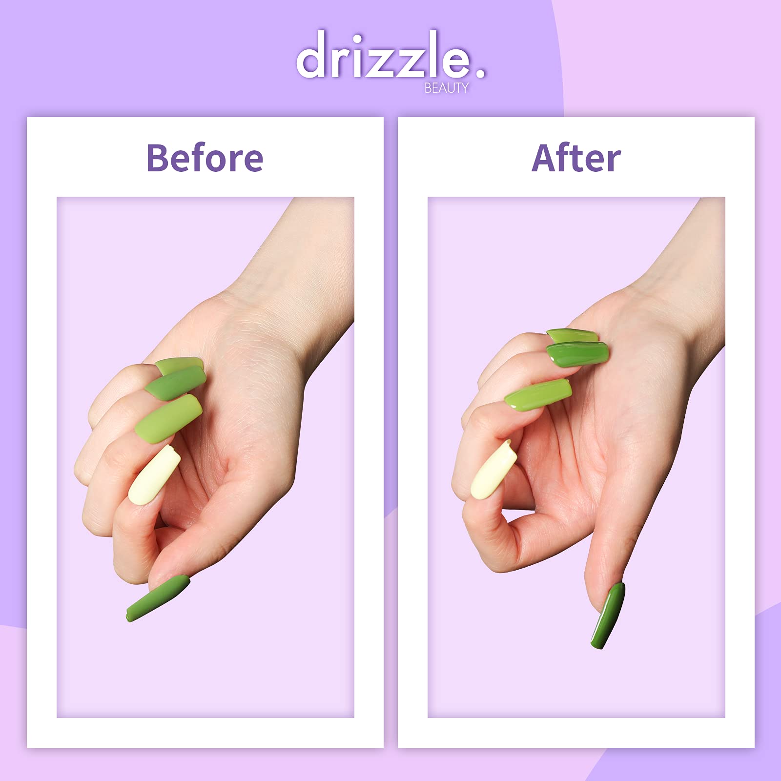 Drizzle Beauty dip powder activator and base coat liquids for chip resistant nails.