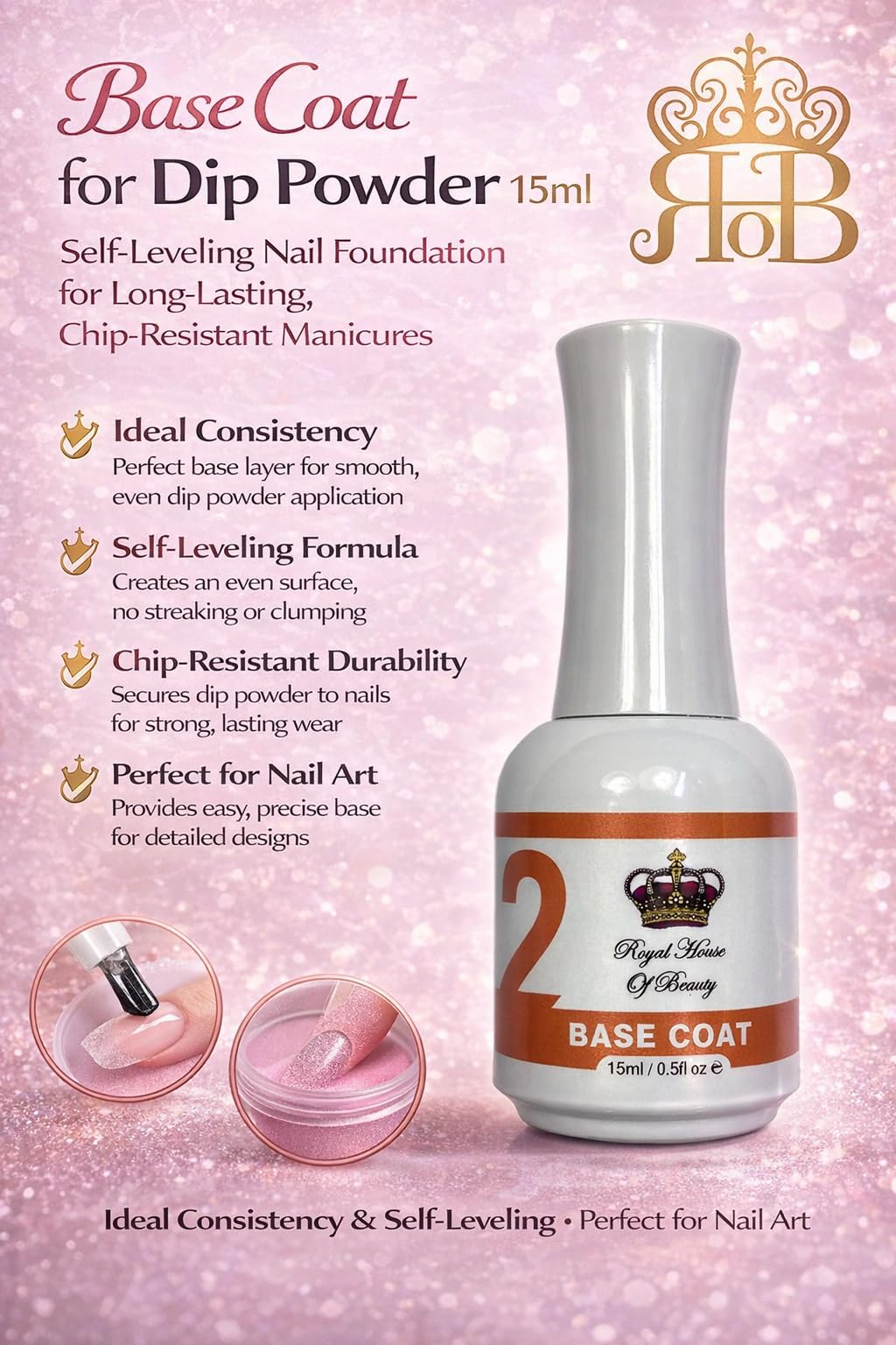 Self leveling nail foundation liquid by Royal House of Beauty showing smooth consistency.