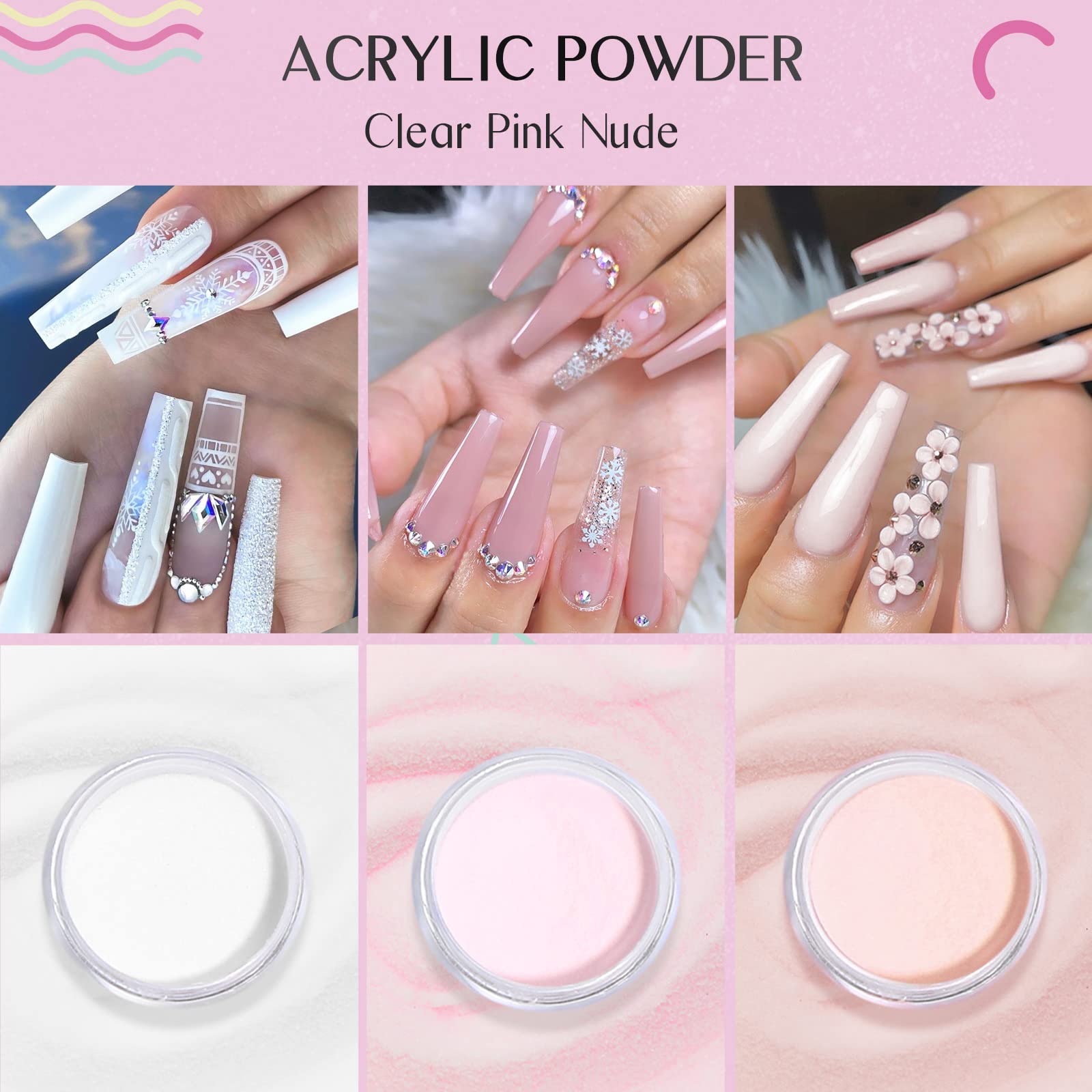 Saviland acrylic powder colors in clear pink and nude jars