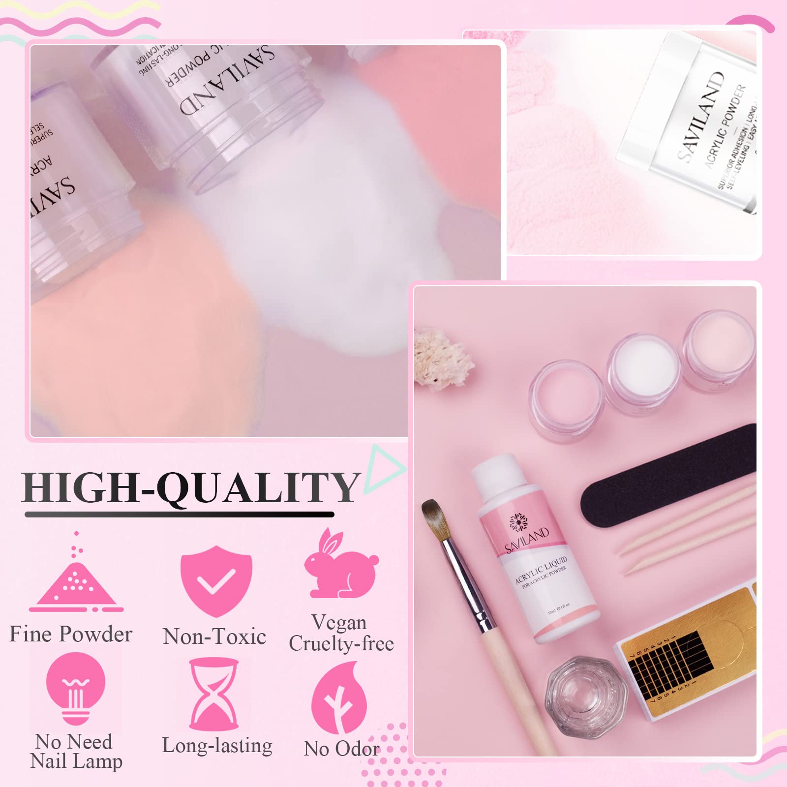 Close up of Saviland acrylic liquid monomer bottle and application tools