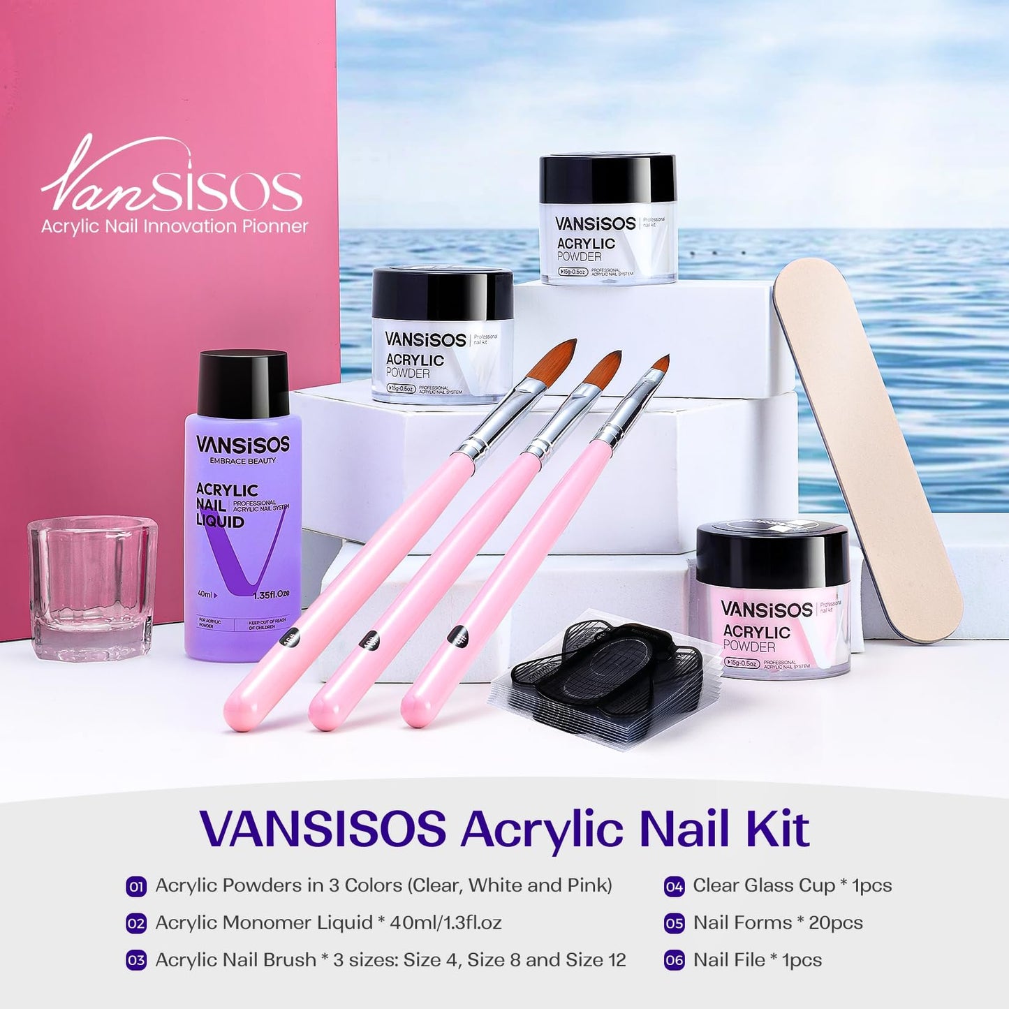 Clear white and pink acrylic powders in Vansisos kit