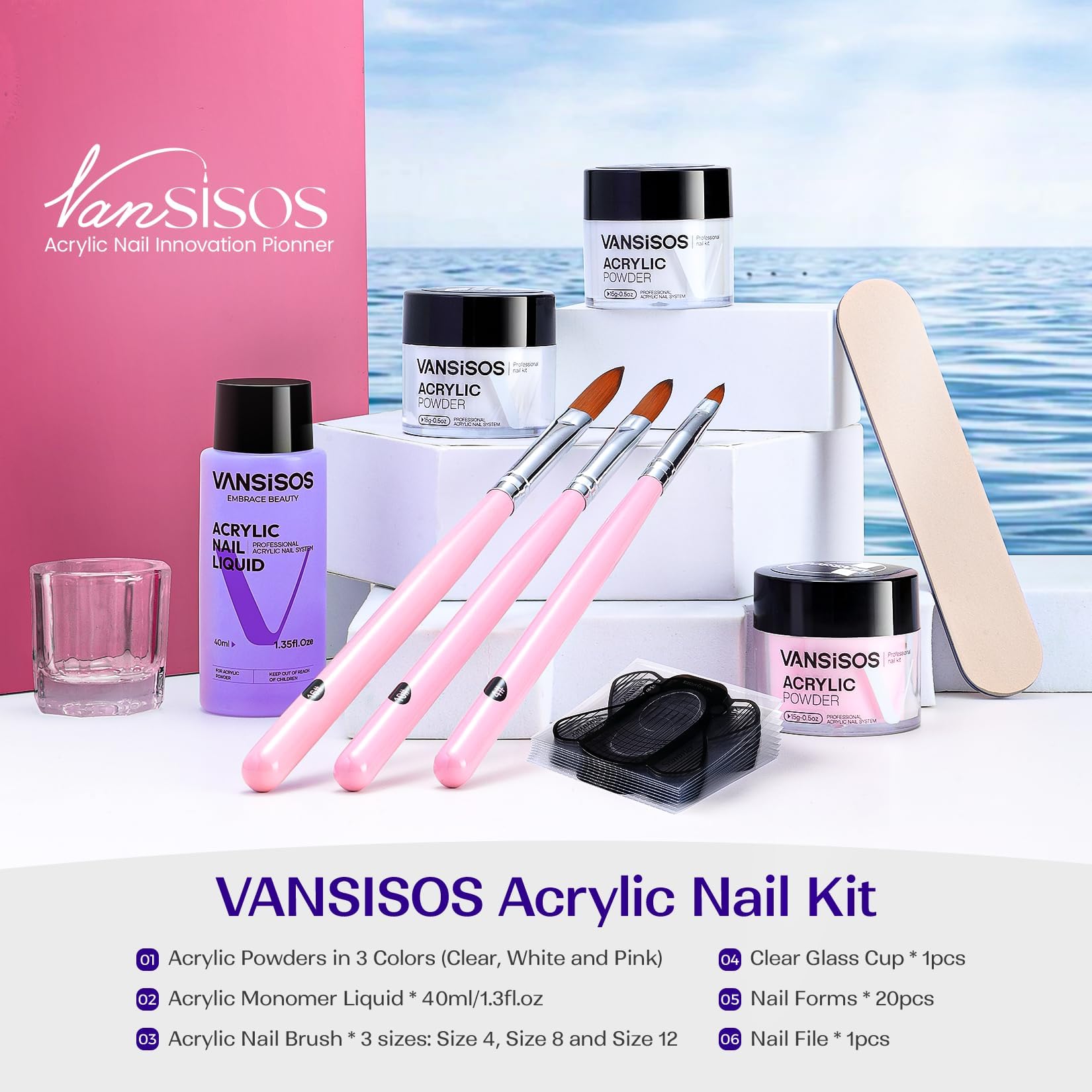 Clear white and pink acrylic powders in Vansisos kit