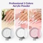 Clear white and pink acrylic powders included in the Vansisos set
