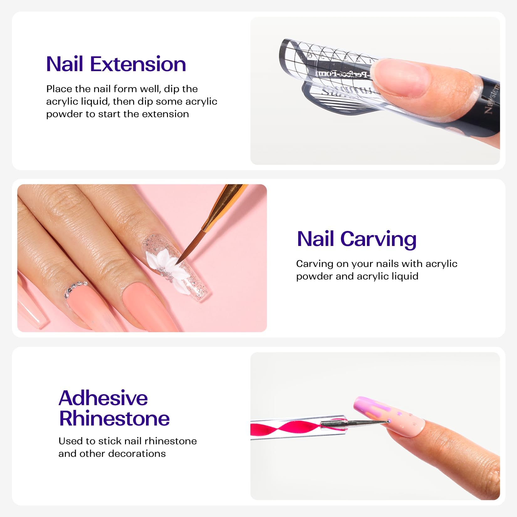 Top view of Vansisos acrylic nail system components