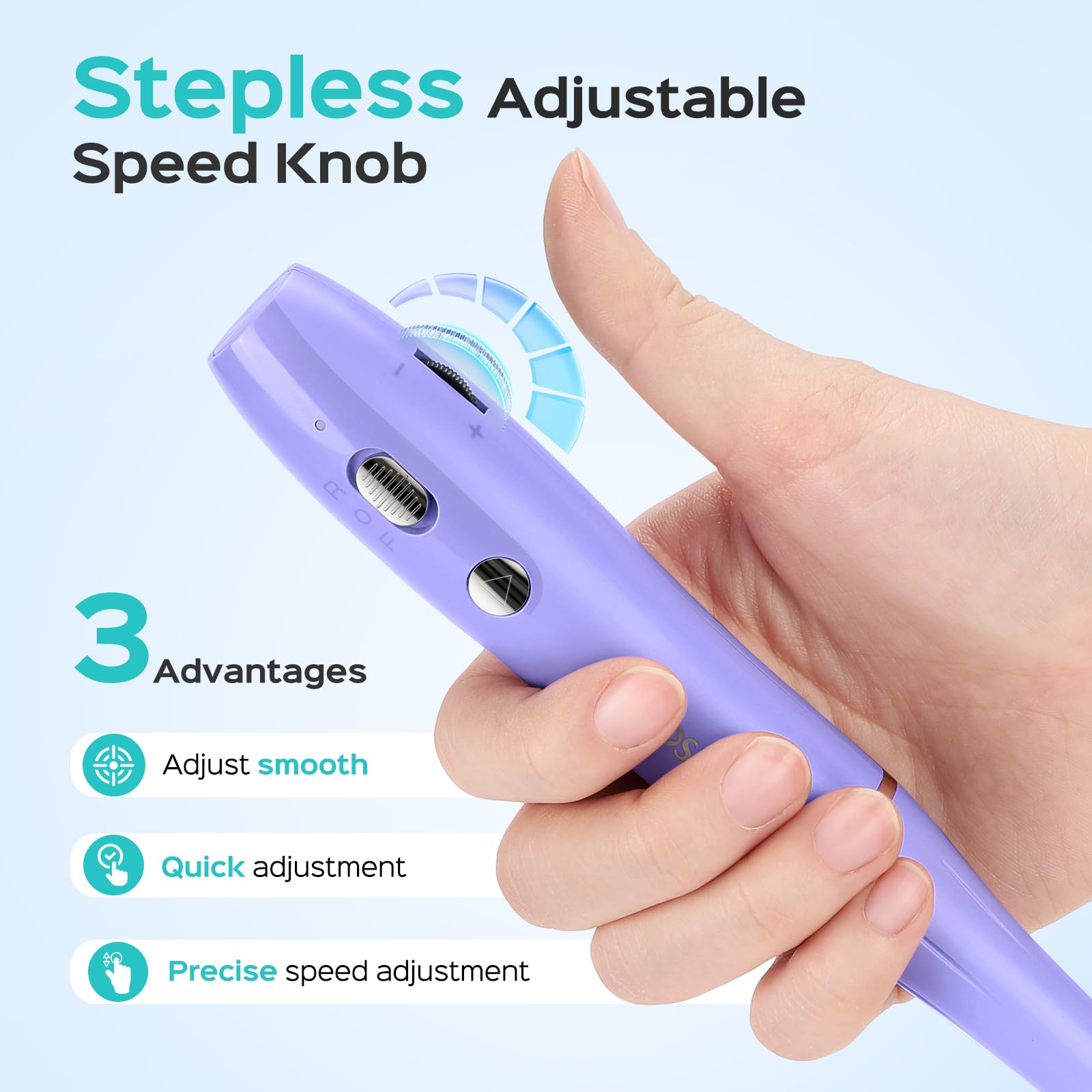 Close up view of the COSLUS rechargeable nail file handle being held comfortably for precision cuticle work