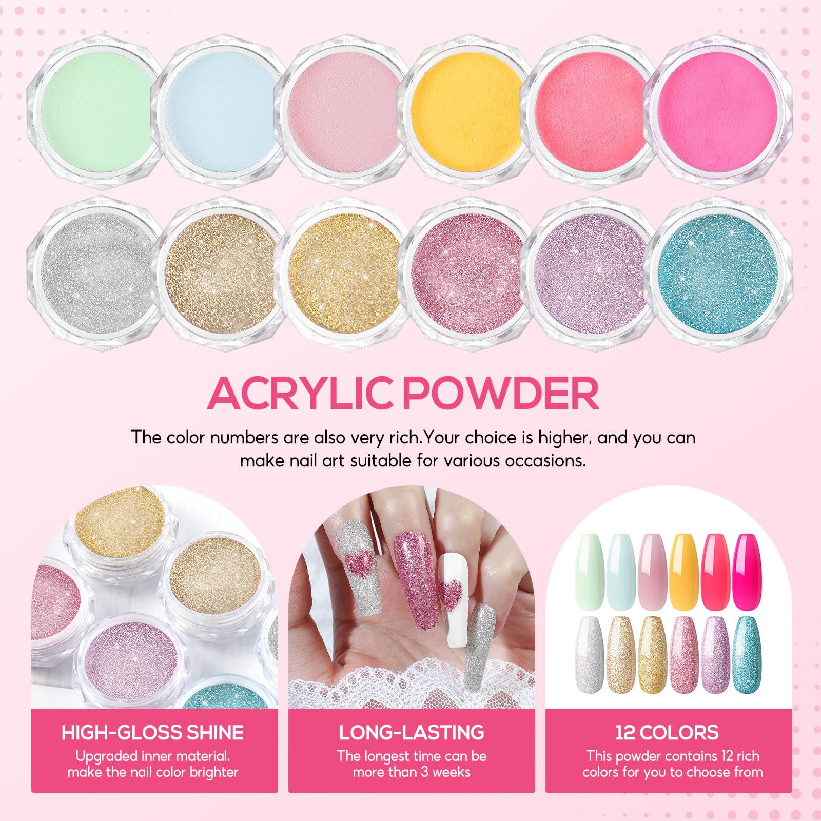 Collection of glitter powders and rhinestones for acrylic nail art