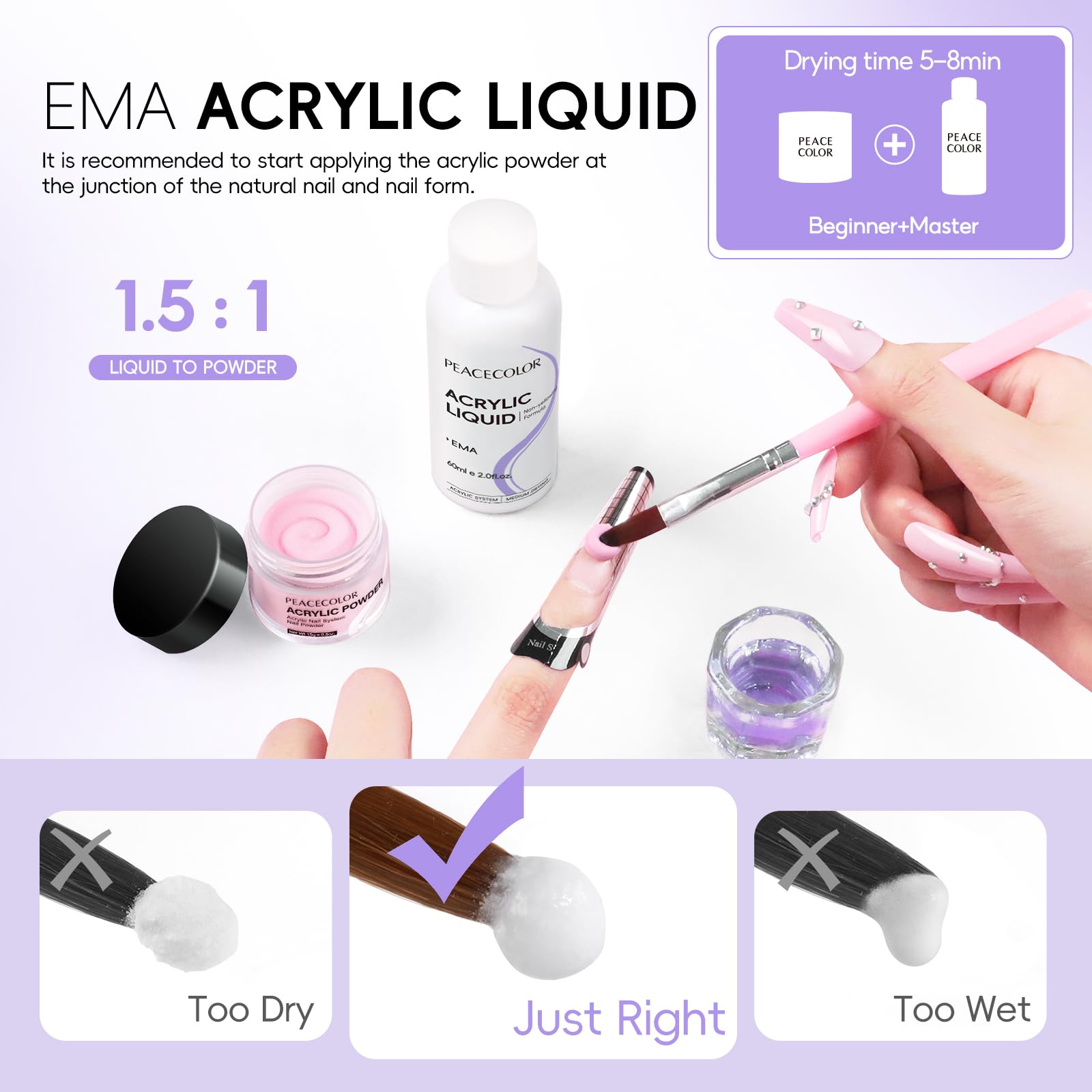 Top view of Peacecolor acrylic powder and glitter set