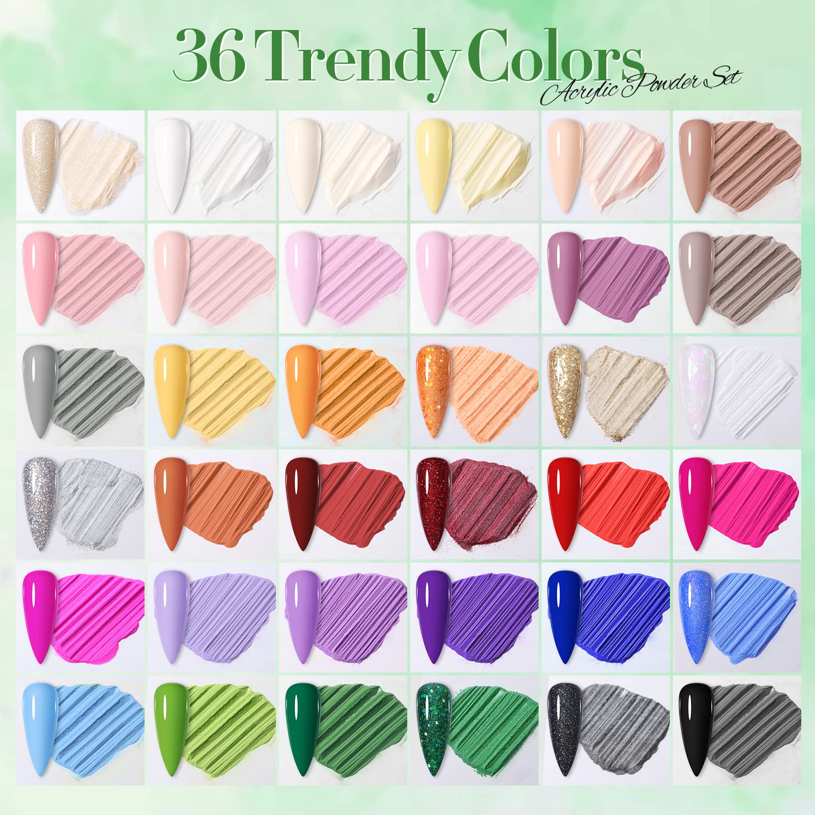 Detailed view of Born Pretty acrylic powder color variety