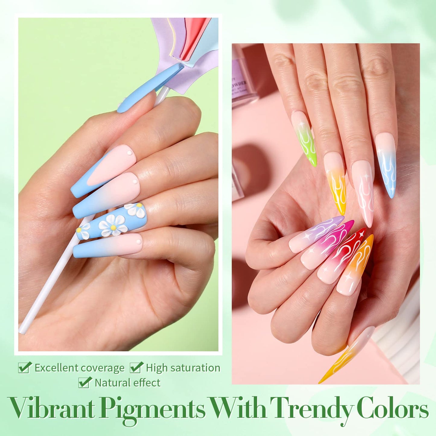 Vibrant blue and green acrylic nail powder set