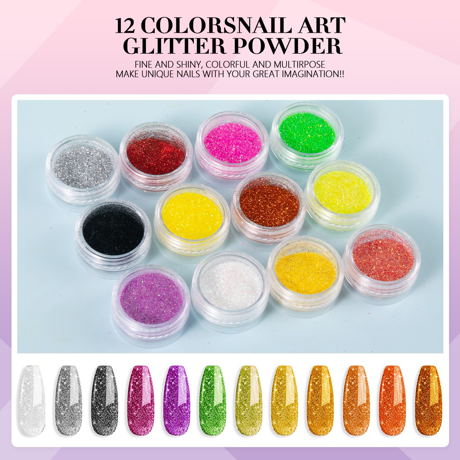 12 color glitter powder set for acrylic nail art design