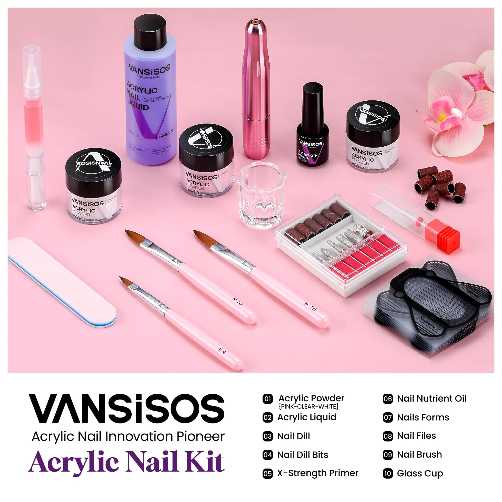 Vansisos nail art kit components including powders and liquid