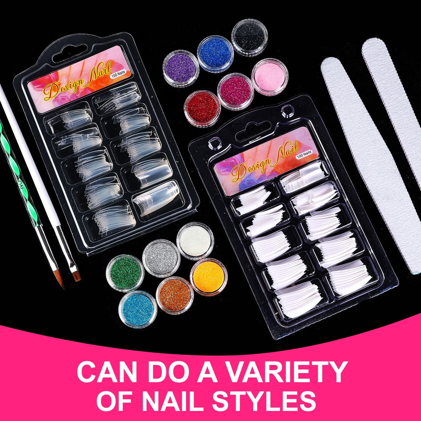 Professional acrylic nail kit contents including nail tips