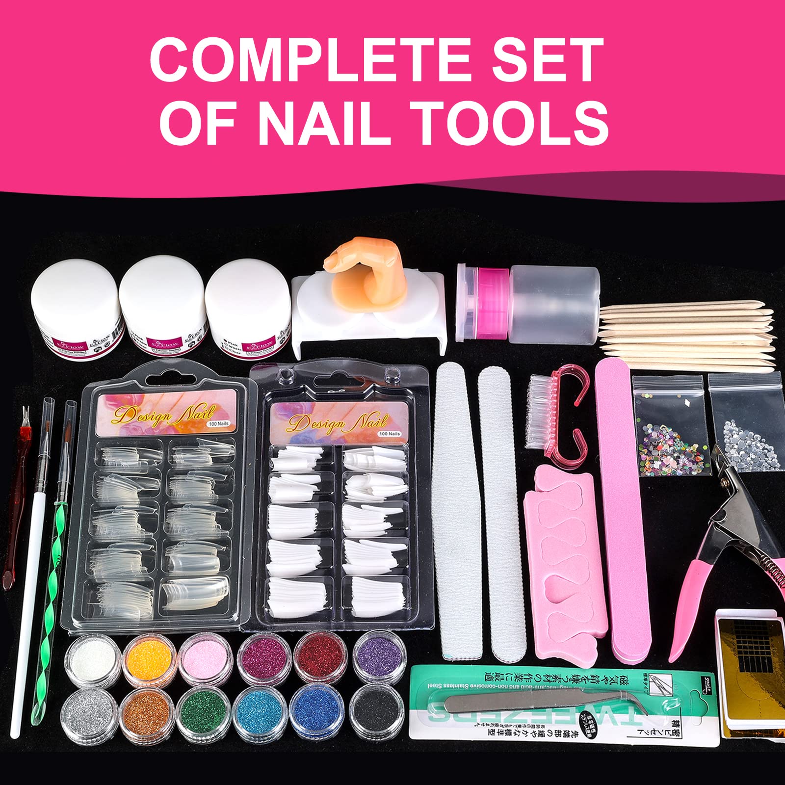 Sunbelee acrylic nail kit contents including practice finger