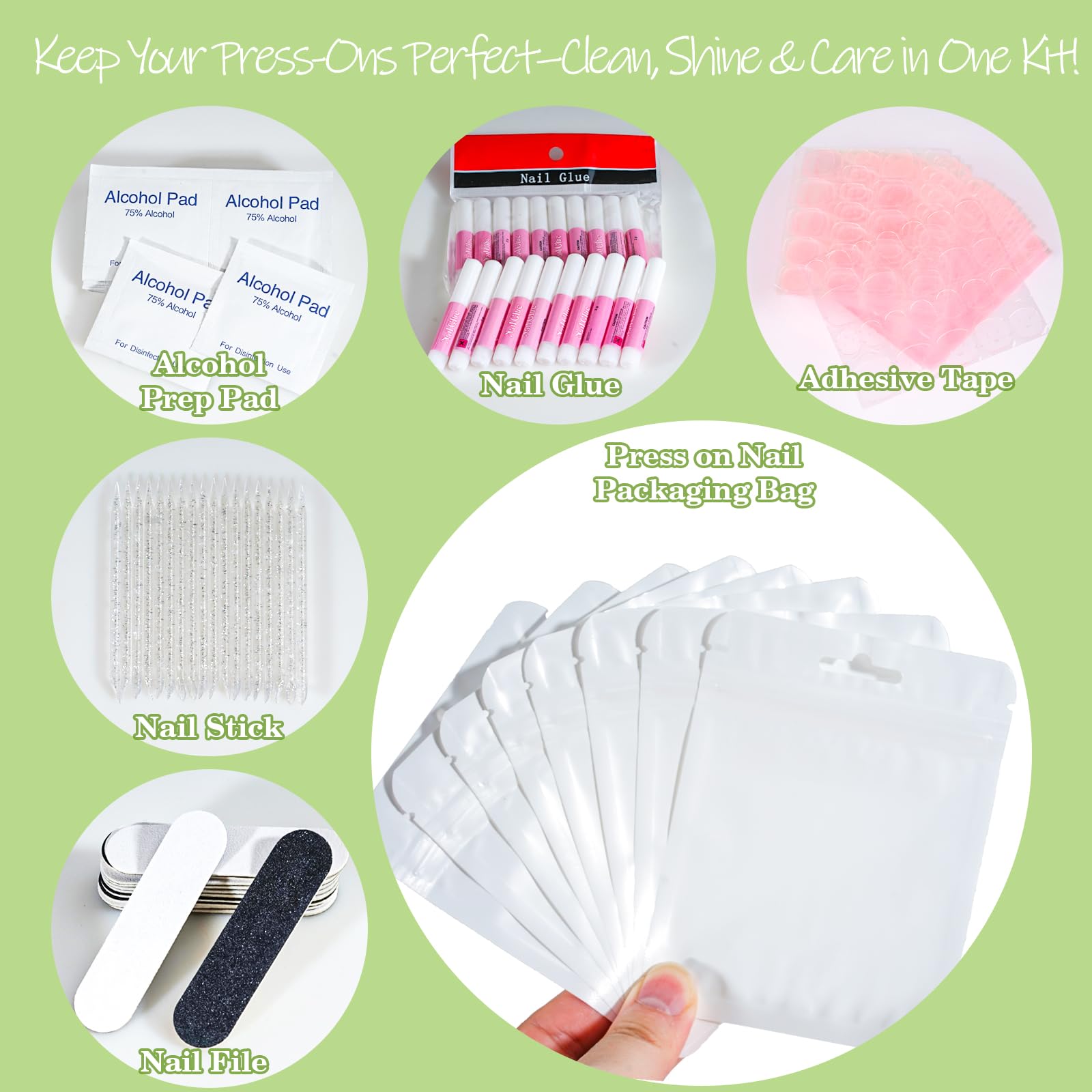 Inog press on nail prep kit contents including glue and tabs