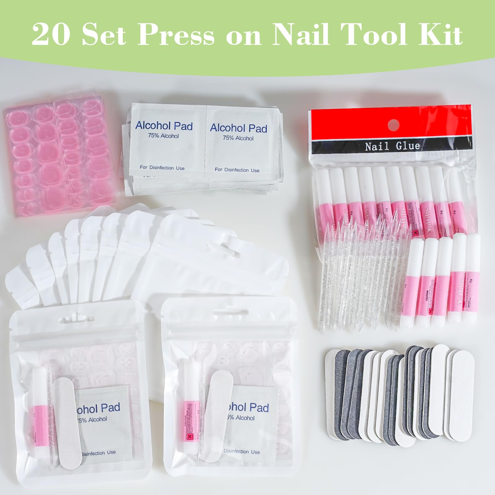 Inog white 20 piece press on nail tool set packaging